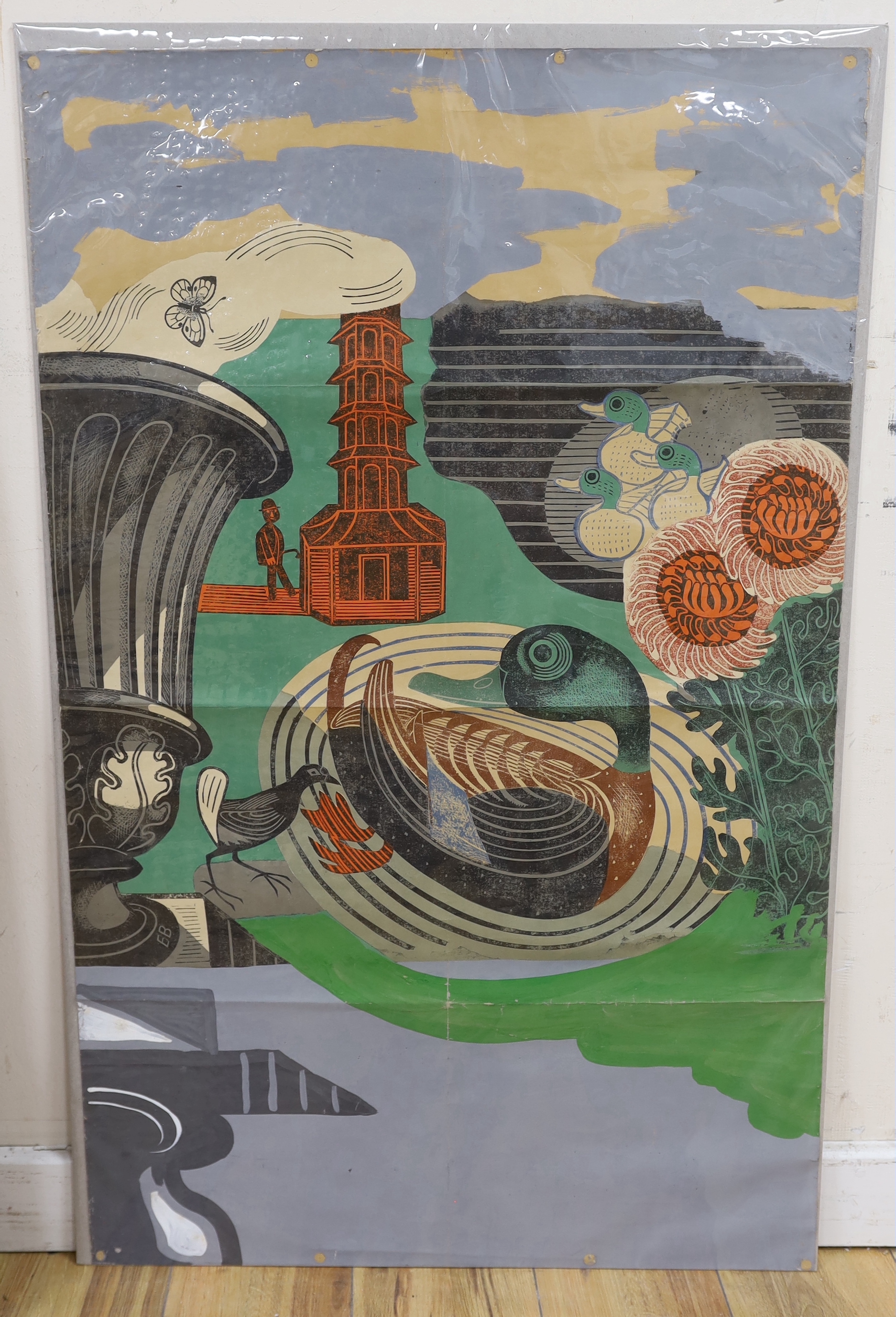 Edward Bawden RA (1903-1989), overpainted unfinished trial proof lithographic poster, 'Kew Gardens', 101.5 x 63.5cm, unframed